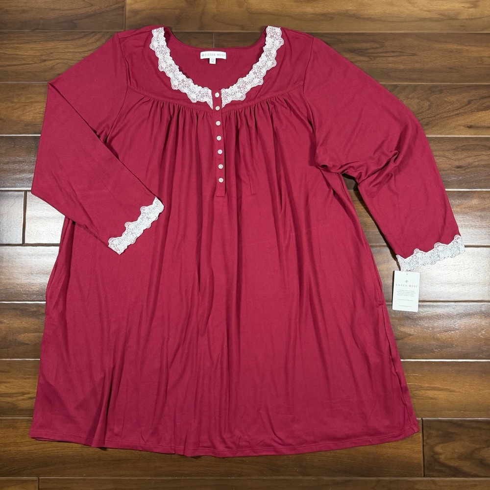 Eileen West Women's Plus Size 3X Berry Long Sleeve Knit Nightgown Pajamas